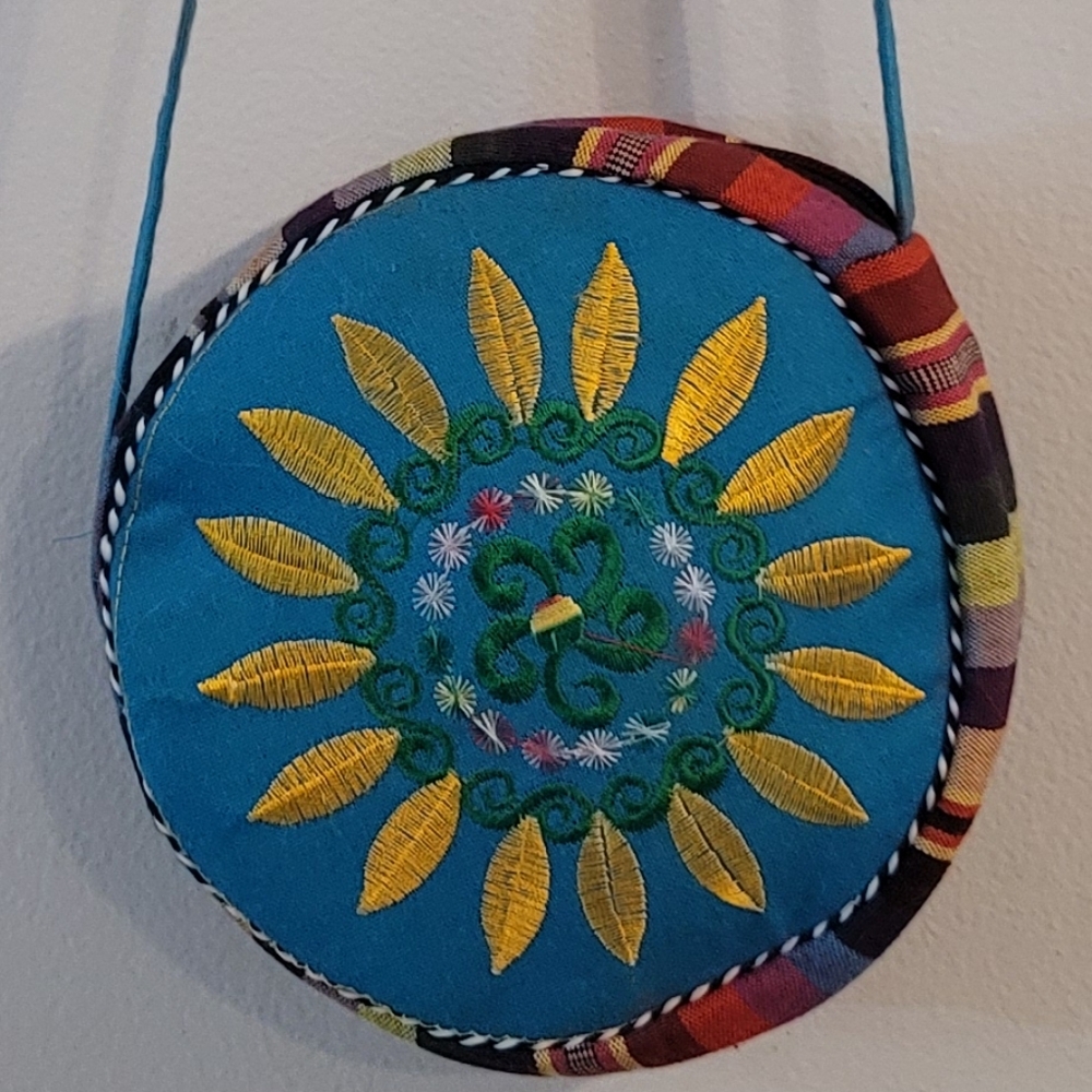 Cynthia embroidered Circular boho bag purse floral shoulder strap blue yellow